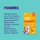 Pochette jaune Edgard Cooper 'FOURRÉS' pour friandises avec illustration de chat violet, liste d'ingrédients en français sur fond bleu sarcelle.