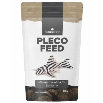 NatureHolic Pleco-Futterbeutel mit Zebra-Pleco-Illustration; Aufschrift ‚PLECO FEED‘, ‚Mischfuttermittel für Zierfische‘, 30 g