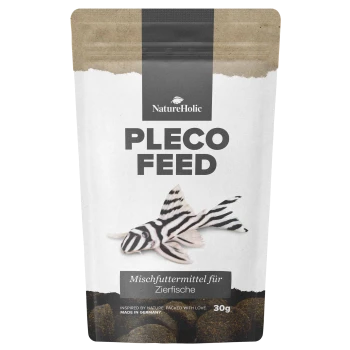 NatureHolic Pleco-Futterbeutel mit Zebra-Pleco-Illustration; Aufschrift ‚PLECO FEED‘, ‚Mischfuttermittel für Zierfische‘, 30 g