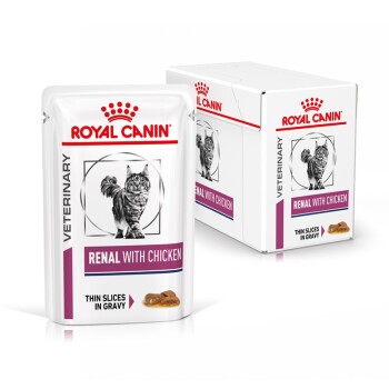 Royal Canin Veterinary Renal mit Huhn Katzenfutterbeutel, mit einem Katzenbild, beschriftet 'Dünne Scheiben in Soße.'