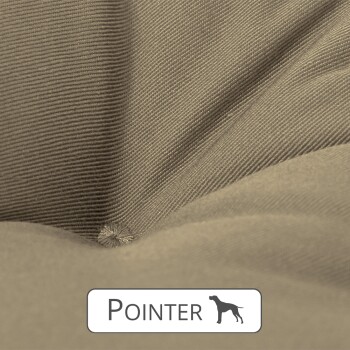Nahaufnahme eines weichen, beigen Hundebetts mit einem gepolsterten Design, beschriftet mit 'POINTER' und einer Silhouette eines Hundes.