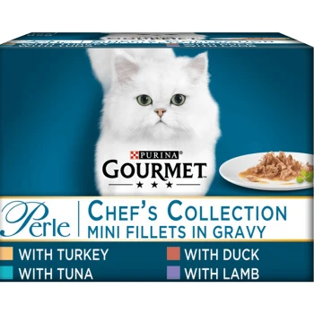 Purina Gourmet Perle Chef's Collection mini fillets in gravy packaging featuring a white cat, with flavors: turkey, tuna, duck, and lamb.