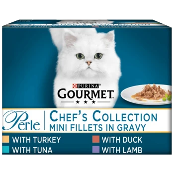 Purina Gourmet Perle Chef's Collection mini fillets in gravy packaging featuring a white cat, with flavors: turkey, tuna, duck, and lamb.