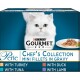 Purina Gourmet Perle Chef's Collection mini fillets in gravy packaging featuring a white cat, with flavors: turkey, tuna, duck, and lamb.