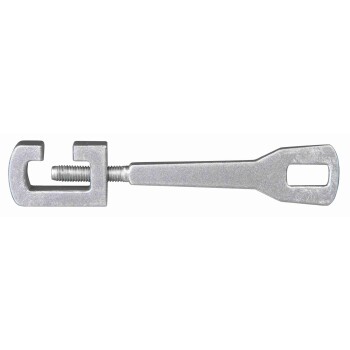 Metalowe narzędzie z końcem w kształcie litery C i gwintowaną rączką, zaprojektowane do chwytania lub obracania przedmiotów.