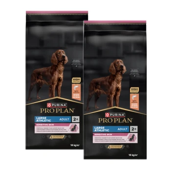 Twee zakken van 14 kg Purina Pro Plan hondenvoer voor grote atletische honden met een gevoelige huid, met zalm als hoofdingrediënt.