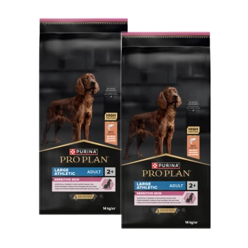 Zwei 14 kg Taschen von Purina Pro Plan Hundefutter für große athletische Hunde mit empfindlicher Haut, mit Lachs als Hauptzutat.