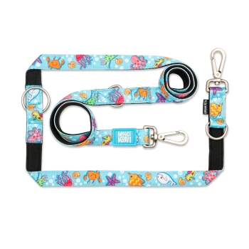 Blaues Haustier-Leinen- und Halsband-Set mit bunten Meeresbewohner-Mustern und Metallverschlüssen, beschriftet mit „Max & Molly“ und „Urban Pets.“