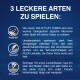 Bild zur Förderung von FELIX Play Tubes für Katzen, mit drei spielerischen Aktivitäten: 'Werfen', 'Rollen' und 'Stapeln'.