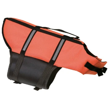 Gilet de sauvetage pour chien orange vif avec des sangles noires et des détails réfléchissants, conçu pour la sécurité lors des activités aquatiques.