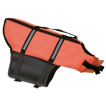 Helle orangefarbene Hundeweste mit schwarzen Riemen und reflektierenden Details, entworfen für Sicherheit bei Wasseraktivitäten.