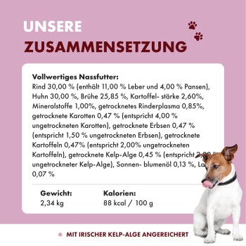Hundefutteretikett auf Deutsch mit Zutaten wie Rindfleisch, Hähnchen und Algen, neben einem Hund, der sich die Lippen leckt.