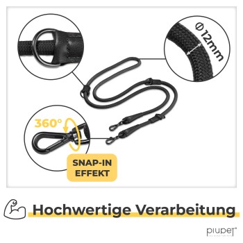 Schwarze Hundeleine mit einem 360° drehbaren Schnapphaken, 12 mm Durchmesser und hochwertiger Verarbeitung, beschriftet "Hochwertige Verarbeitung."