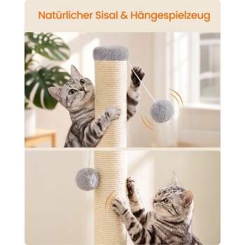 Graugetigerte Katze auf Sisal-Kratzbaum mit hängendem grauem Pompom; sichtbarer Text: 'Natürlicher Sisal & Hängespielzeug'