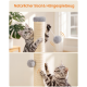 Graugetigerte Katze auf Sisal-Kratzbaum mit hängendem grauem Pompom; sichtbarer Text: 'Natürlicher Sisal & Hängespielzeug'