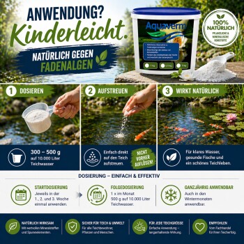 Aqua-Cereal Teichreparaturverpackung, die Vorteile für die Wasserqualität und Algenreduzierung zeigt, mit Koi-Fischen im Teichhintergrund.