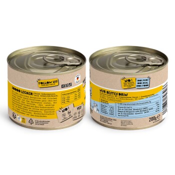 Dosen-Katzenfutter mit einem beigen Etikett, mit dem Text "SOOOO LECKER!" und "NUR BESTES DRIN", der die Zutaten und Nährwertinformationen hervorhebt.