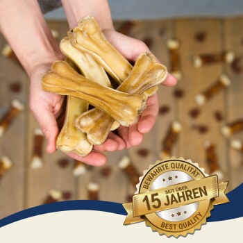 Zwei Schalen gefüllt mit Hundeknochen, eine gelbe und eine grüne, neben zwei weißen Seilspielzeugen, auf einer Juteschicht.