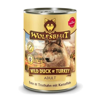 Wolfsblut Dosenfutter für Hunde mit einem Wolf auf dem Etikett, gekennzeichnet "Wildente & Truthahn" für Erwachsene, getreidefreies Rezept.