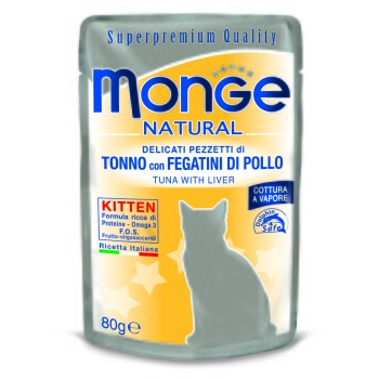 Beutel Monge Natural Katzenfutter mit Thunfisch und Hühnerleber, für Kätzchen gekennzeichnet, 80g, mit ernährungsphysiologischen Highlights.