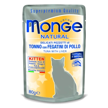 Beutel Monge Natural Katzenfutter mit Thunfisch und Hühnerleber, für Kätzchen gekennzeichnet, 80g, mit ernährungsphysiologischen Highlights.