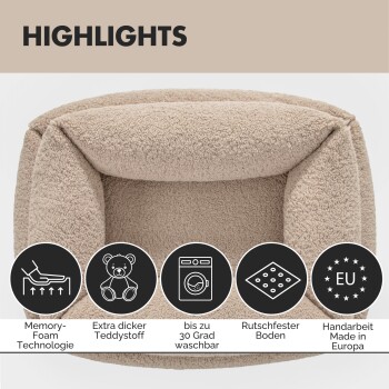 Ein gemütliches beiges Haustierbett mit Memory-Schaum-Technologie, extra dickem Teddy-Stoff, waschbar bis 30 Grad, rutschfester Unterseite und handgefertigt in Europa.