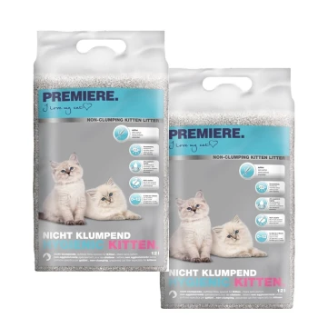 Zwei Tüten PREMIERE nicht klumpendes Katzenstreu mit flauschigen Kätzchen und deutschem Text: "Hygienic Kitten" und "Nicht Klumpend."