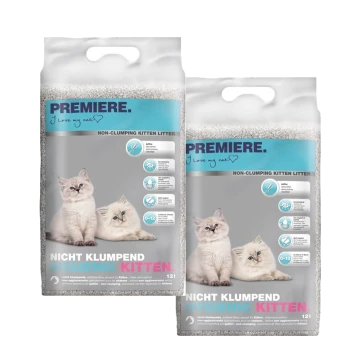 Zwei Tüten PREMIERE nicht klumpendes Katzenstreu mit flauschigen Kätzchen und deutschem Text: "Hygienic Kitten" und "Nicht Klumpend."