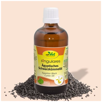 Flasche cdVet ägyptisches Schwarzkümmelöl mit einem gelben Etikett, umgeben von Schwarzkümmelsamen, mit der Aufschrift "100% NATUR."