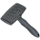 A black pet grooming brush with a rectangular head featuring fine bristles and a textured ergonomic handle.