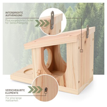 Holzhaustierhaus mit integriertem Aufhängemerkmal, vorgebohrten Löchern für Seilaufhängung und Schraubelementen für Langlebigkeit.