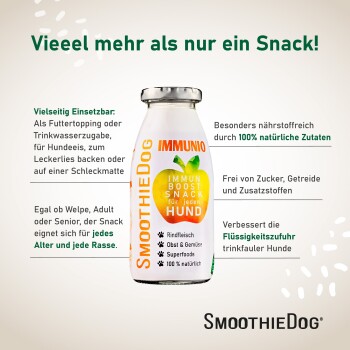 SmoothieDog IMMUNIO Flasche — "Immun-Boost-Snack für jeden Hund", deutsche Produktangaben und "+30.000 zufriedene Kund:innen"