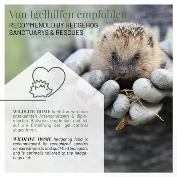 Eine behandschuhte Person hält einen Igel mit dem Text: "Empfohlen von Igel-Schutzgebieten & Rettungsdiensten," was die Unterstützung durch Biologen hervorhebt.