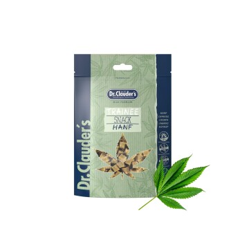 Dr. Clauder's Trainee Snack für Haustiere, mit einem Hanfblatt-Design, beschriftet mit "Trainee Snack Hanf", mit den Texten "High Premium" und "Freshlock".
