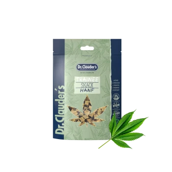 Dr. Clauder's Trainee Snack für Haustiere, mit einem Hanfblatt-Design, beschriftet mit "Trainee Snack Hanf", mit den Texten "High Premium" und "Freshlock".