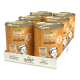 Sechs Dosen Betty's Landhausküche Hundefutter, "Mit Ente" (mit Ente), in Orange mit einer Kochillustration und "Extra viel Fleisch."