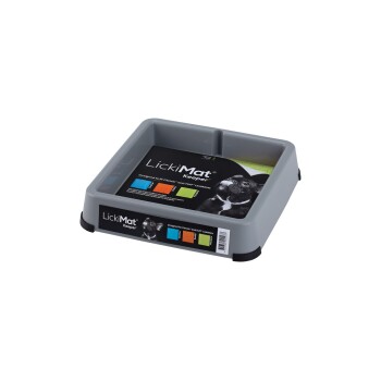 LickiMat Keeper in Grau, entworfen für Classic und Tuff LickiMats, mit einem Hundebild und bunten Größenetiketten.