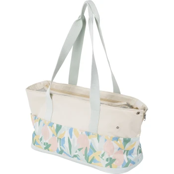 Torba transportowa Floral dla małych psów Stylowa torba transportowa dla zwierząt z kremowym wierzchem i kolorowym kwiatowym wzorem na dole, w odcieniach jasnoniebieskiego i pastelowych kolorach.