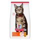 Hill's Science Plan Katzenfutterbeutel mit großer getigerten Katze mit rotem Halsband; Beschriftungen ‚Adult 1–6‘, ‚Essential Benefits‘, ‚with Chicken‘.