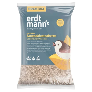 Tüte Erdtmanns Premium geschälte Sonnenblumenkerne für Vögel mit Vogelillustration und mehrsprachigem Text auf der Verpackung.