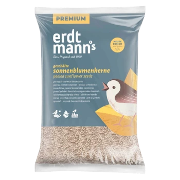 Tüte Erdtmanns Premium geschälte Sonnenblumenkerne für Vögel mit Vogelillustration und mehrsprachigem Text auf der Verpackung.