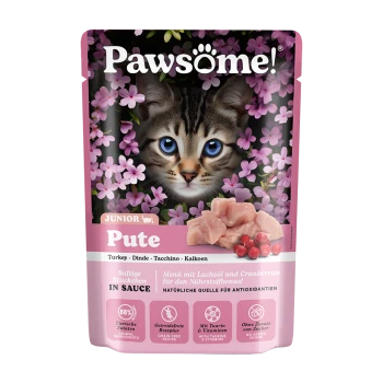 Pawsome! Junior Pute Katzenfutterbeutel – Kätzchen vor rosa Blumen, Putenstückchen und Cranberries; sichtbarer Text 'Pawsome! Pute'.
