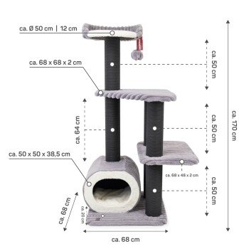 Katzenbaum mit mehreren Ebenen, Kratzpfosten und einem gemütlichen Versteck, mit Abmessungen und einem verspielten Pom-Pom-Spielzeug.