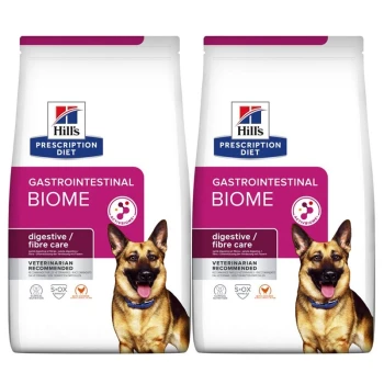 Hill's Prescription Diet Gastrointestinal Biome hondenvoer zakken in roze en wit, gelabeld "digestive/fibre care," door dierenarts aanbevolen.