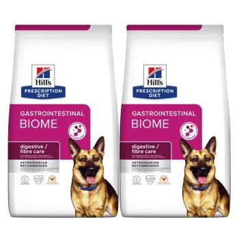 Hill's Prescription Diet Gastrointestinal Biome Hundefutterbeutel in Pink und Weiß, beschriftet mit "Verdauungs-/Faserpflege", vom Tierarzt empfohlen.