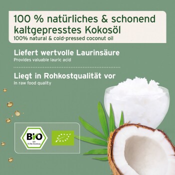 100 % natürliches & kaltgepresstes Kokosnussöl mit einer Schüssel Kokosflocken, mit Text über Laurinsäure und Rohkostqualität.