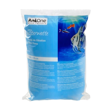 A transparent bag of AniOne Filter Floss for aquariums, featuring blue packaging with images of colorful fish and text in multiple languages.