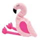 Ein plüschiger rosa Flamingo-Spielzeug mit einem gebogenen Hals, gestickten Augen und einem herzförmigen Patch auf seinem Körper, mit rosa Beinen.