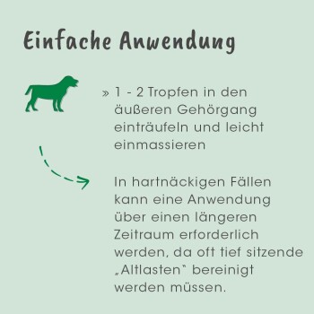 Anleitung zur Anwendung einer Ohrbehandlung für Haustiere, mit grünem Hintergrund, einer Hundillustration und Text in deutscher Sprache.