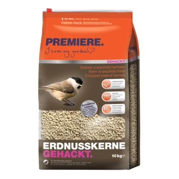 10 kg Beutel mit gehackten Erdnüssen für Wildvögel, mit einem kleinen Vogel und mehrsprachigem Text, "Gehackte Erdnüsse" und "Ich liebe meinen Garten."